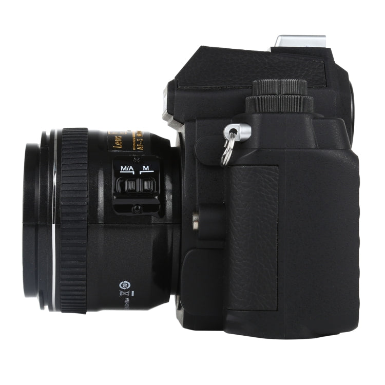 Black DSLR-style fake camera model side view with focus-style dial and lens