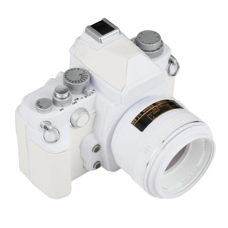 White DSLR-style fake camera model with attached lens and top flash unit