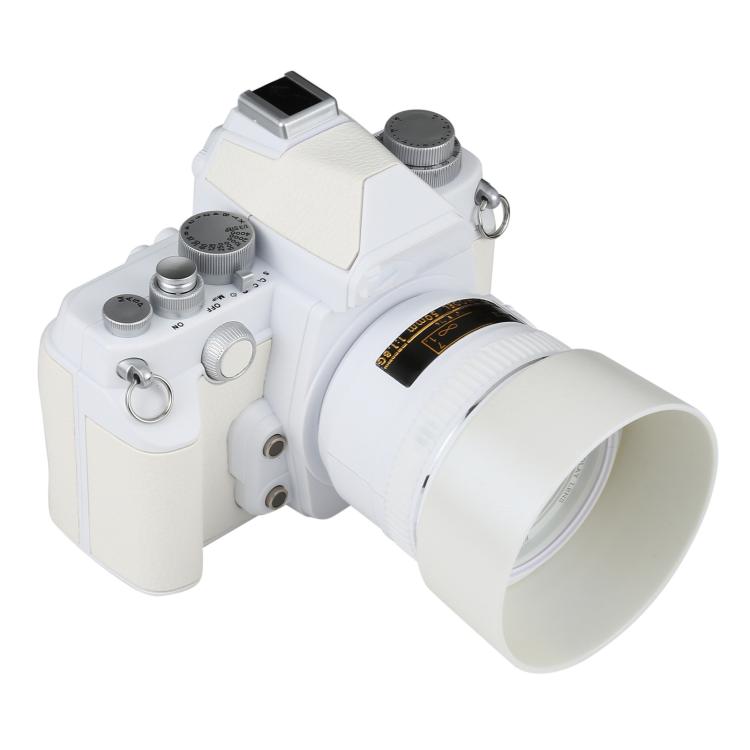 White DSLR-style fake camera model angled front view with attached lens
