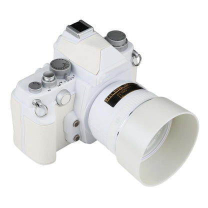 White DSLR-style fake camera model angled front view with attached lens