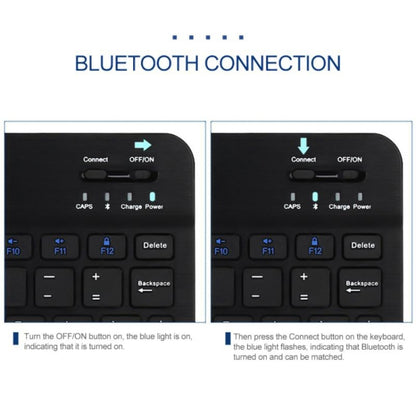 Black mini Bluetooth keyboard close-up showing power and connection buttons area.