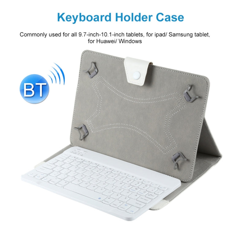 Gray keyboard holder case with attached mini Bluetooth keyboard for tablets.