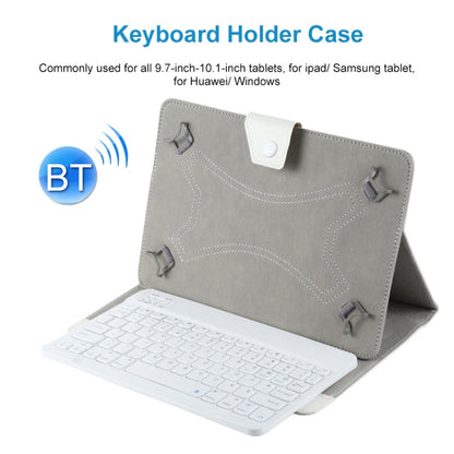 Gray keyboard holder case with attached mini Bluetooth keyboard for tablets.