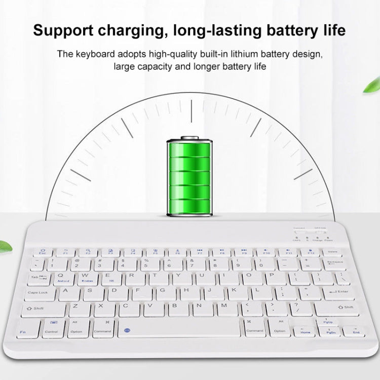 White mini Bluetooth keyboard with protective base, front view of keycaps.