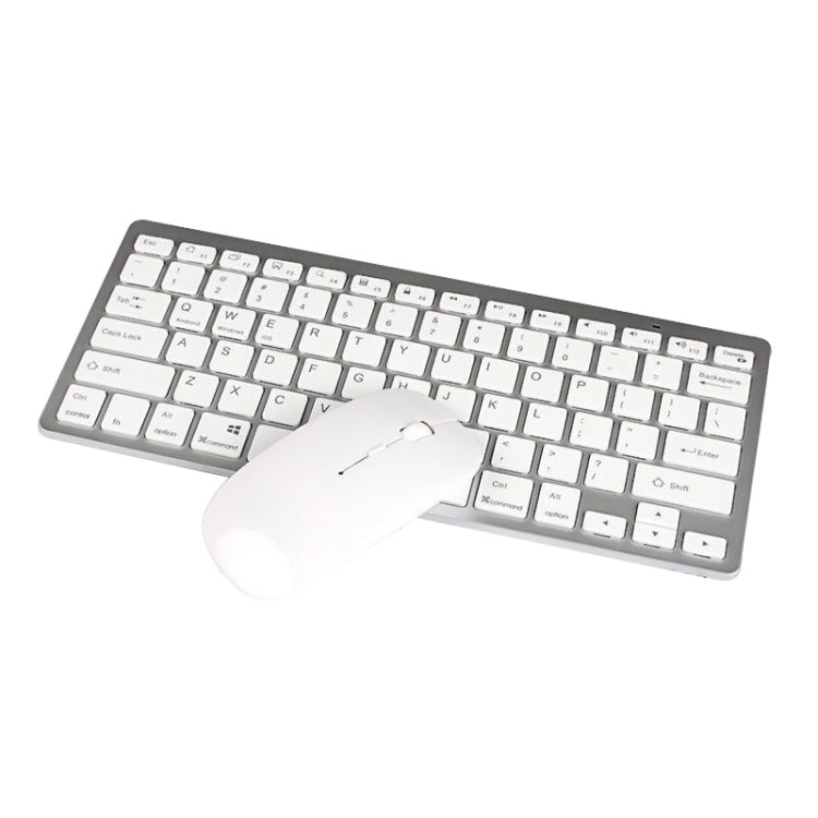 Silver ultra-thin wireless keyboard with white wireless mouse, front view