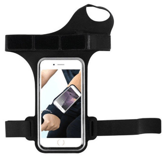 Black sports mobile phone wrist bag with clear phone window and hook strap