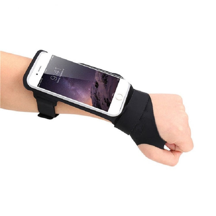 Black phone wrist bag worn on arm with clear front window and secure closure tabs