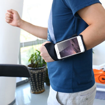 Black sports phone wrist bag on arm with clear window for under 5.5 inch phone