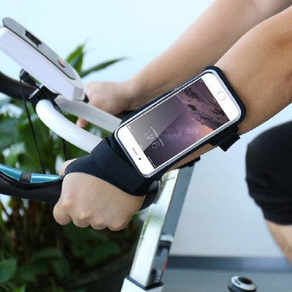 Black sports phone wrist bag in use while holding handlebars, clear phone window visible