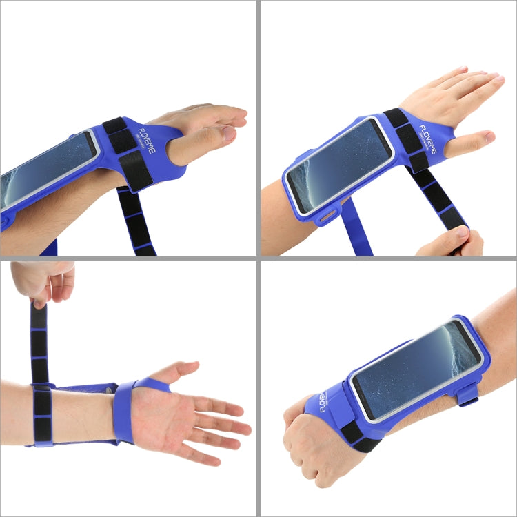 Blue phone wrist bag on arm with clear window and adjustable strap for secure fit