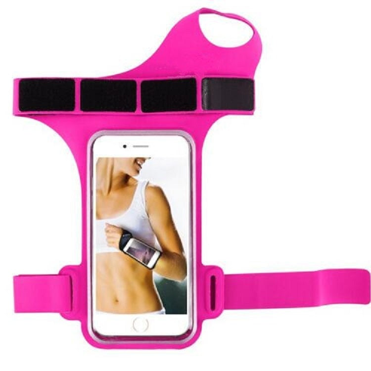 Rose red sports mobile phone wrist bag with clear phone window and adjustable strap