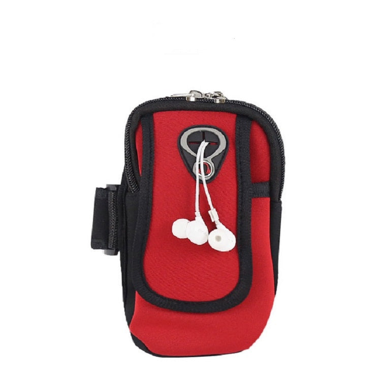 Red sports phone arm bag sleeve with black trim, zip pocket, and armband strap
