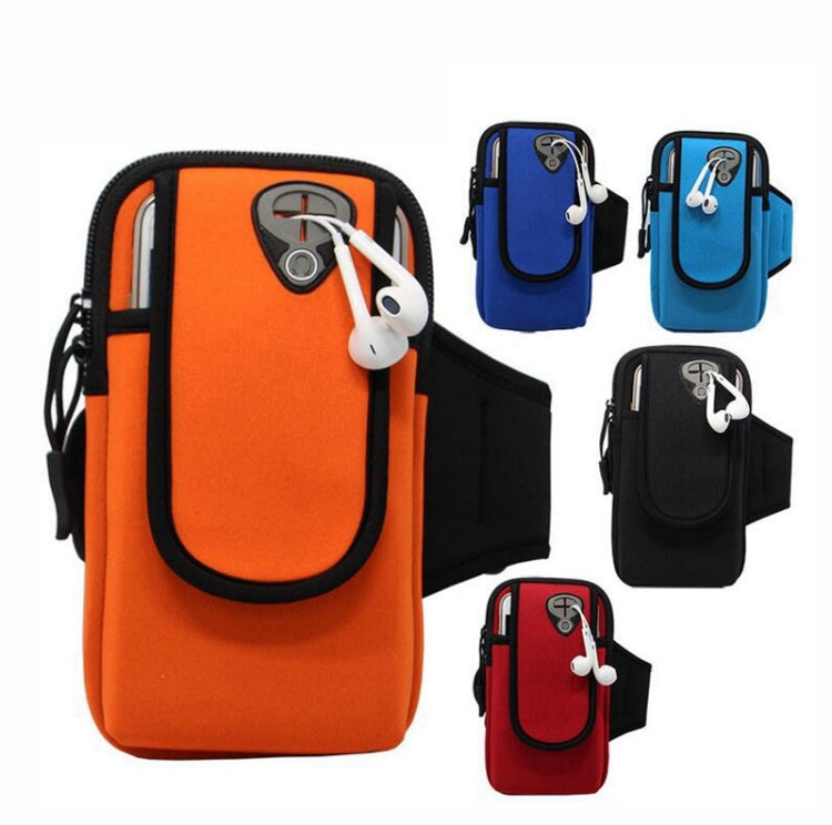 Mobile phone arm bag set showing orange, blue, and black colors with zip pockets