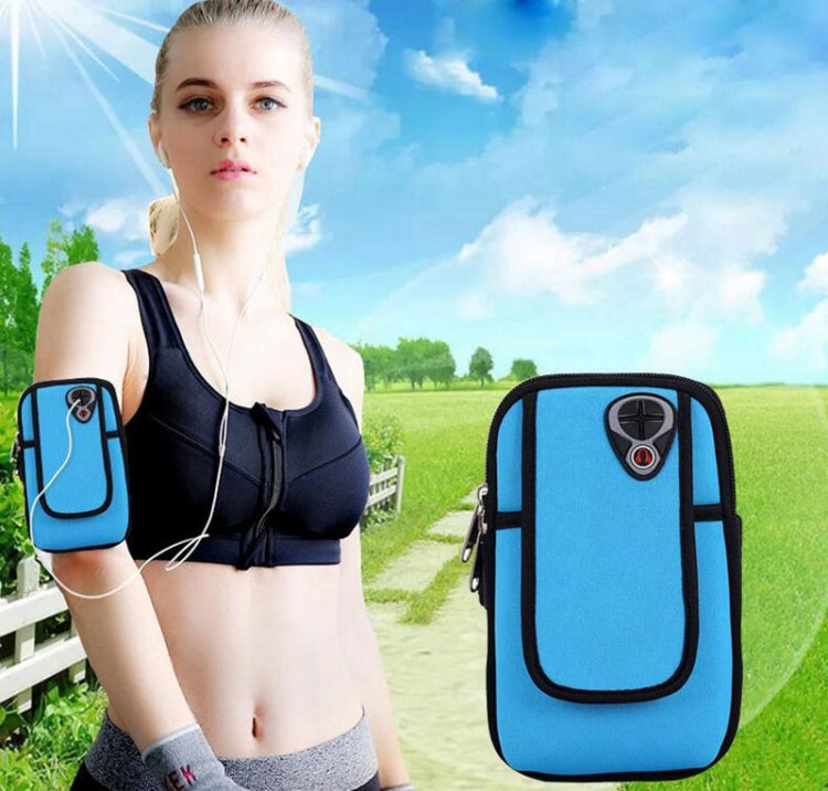 Blue phone arm sleeve worn on an arm; zip pouch with headphone graphic