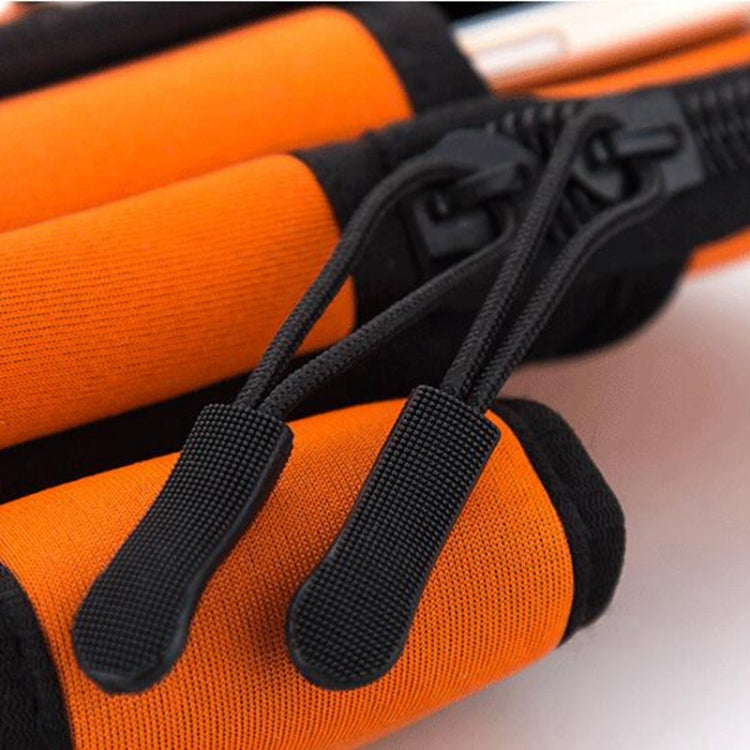 Orange phone arm bag sleeve detail with black elastic straps and zip track