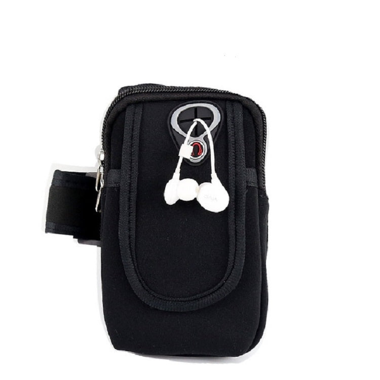 Black sports phone arm bag sleeve with black trim, zip pocket, and headphone graphic