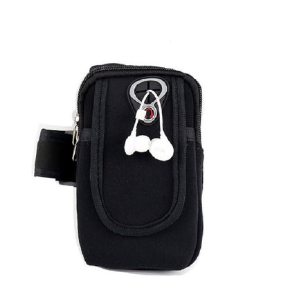 Black sports phone arm bag sleeve with black trim, zip pocket, and headphone graphic