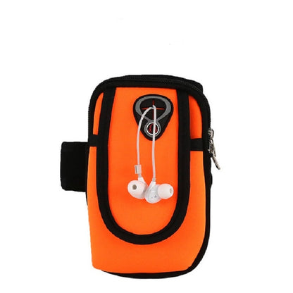 Orange phone arm bag sleeve with black trim, zip closure, and headphone graphic