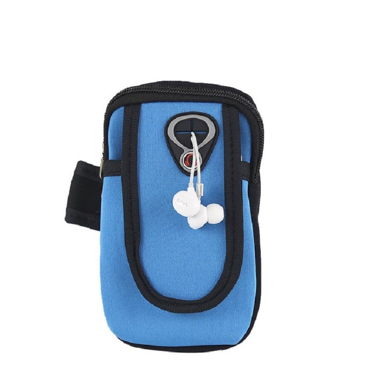 Light blue phone arm bag sleeve with black edging, zip pocket, and headphone graphic