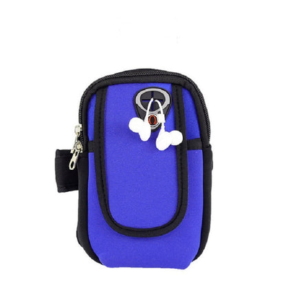 Running phone arm bag in blue with black trim, zip pocket and adjustable strap