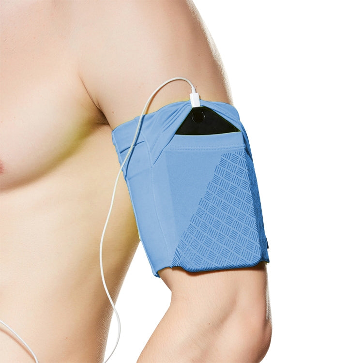 Blue reflective arm bag with mesh panel, secure top closure, worn on upper arm