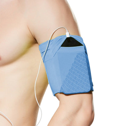 Blue reflective arm bag with mesh panel, secure top closure, worn on upper arm