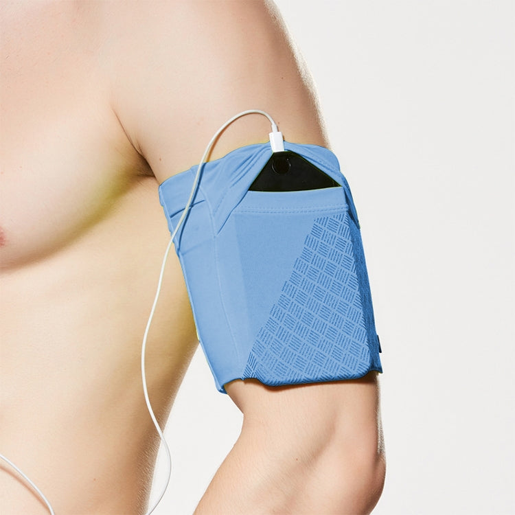 Blue reflective arm bag on forearm with earphone cable and secure top pocket