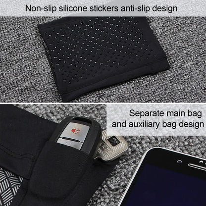 Black arm bag with non-slip silicone sticker backing and separated phone pouch