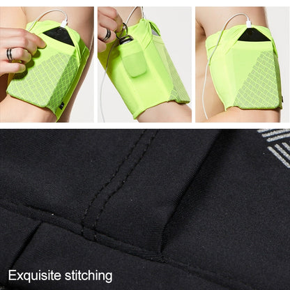 Lime green reflective arm bag with stretch fabric and reinforced stitching