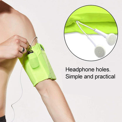 Lime green arm bag with headphone holes for wired earphones