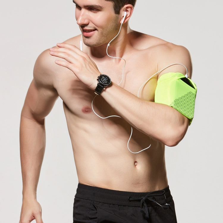 Lime green reflective arm bag worn on upper arm with earphones and fitness watch