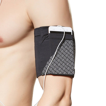 Black reflective arm phone bag with geometric panel, worn on forearm with cable