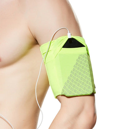 Fluorescent yellow reflective arm phone bag with geometric pattern, worn on forearm