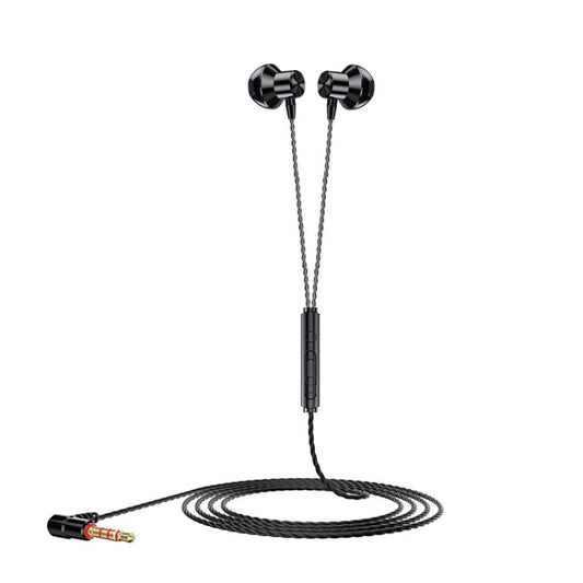 Wired in-ear earbud headset with inline remote control and braided cable, black ear tips