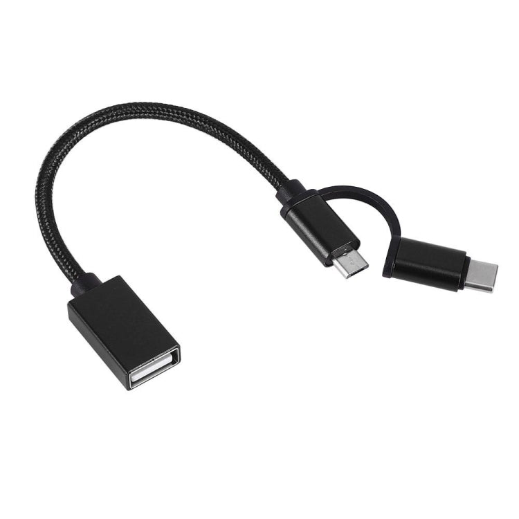 USB adapter cable, nylon braided black, with USB-A to micro USB and USB-C plugs
