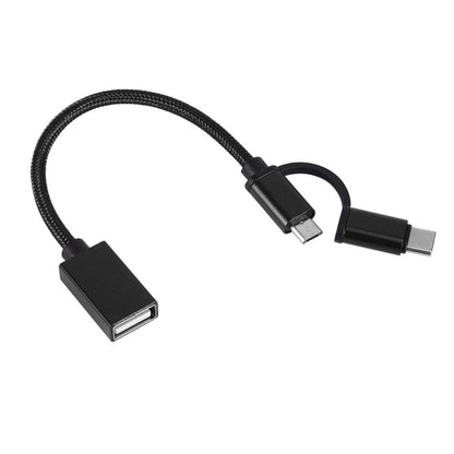 USB adapter cable, nylon braided black, with USB-A to micro USB and USB-C plugs