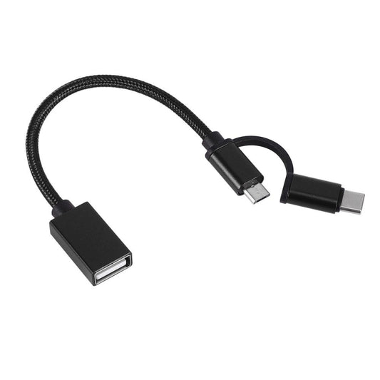 USB adapter cable, nylon braided black, with USB-A to micro USB and USB-C plugs