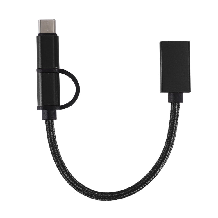 USB adapter cable, black nylon braided, USB-A to USB-C and micro USB connectors