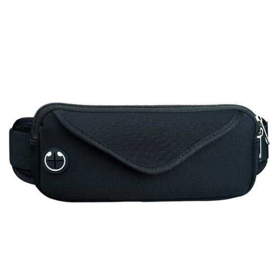 Black waterproof running waist bag with zip pocket and adjustable belt strap