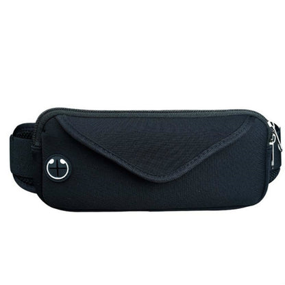 Black zippered waist bag with front pocket, curved top, and small logo badge