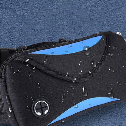 Black waist bag with blue accent stripe, zip closure, and water-splash protection