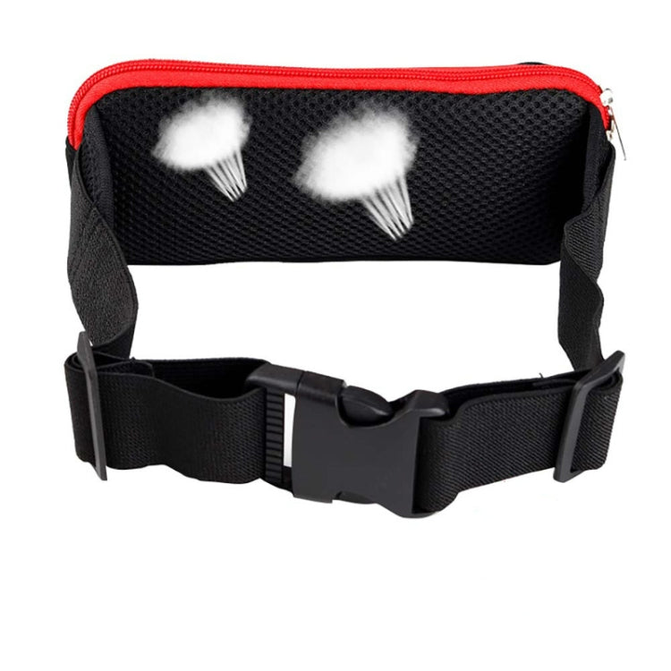 Black waterproof waist bag with red zipper trim and adjustable belt strap