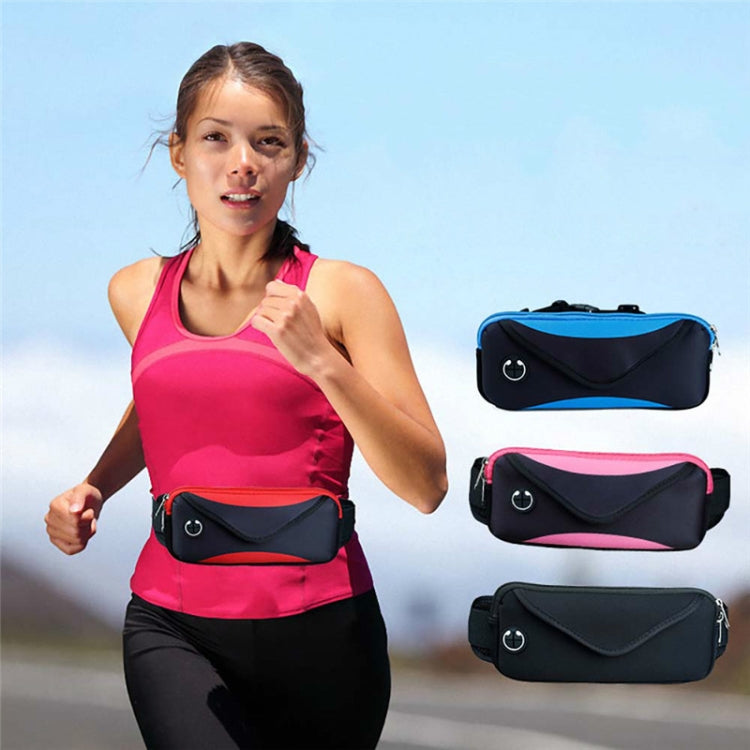 Waterproof running waist bag on a runner, shown in blue, pink, and black