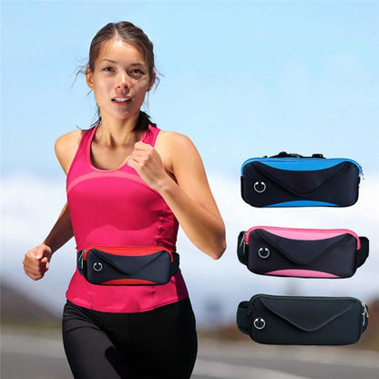Waterproof running waist bag on a runner, shown in blue, pink, and black