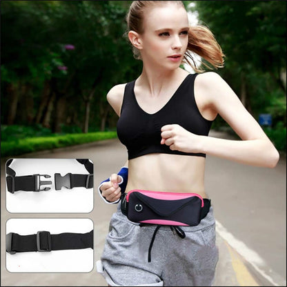Running waist bag on a woman with pink stripe and adjustable belt strap