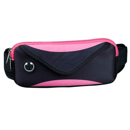Black waist bag with pink trim, zippered pocket, and logo badge