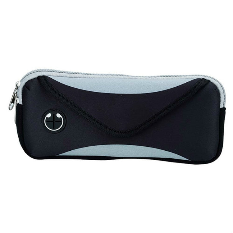 Black waterproof waist bag with gray lining, zip closure, and logo badge