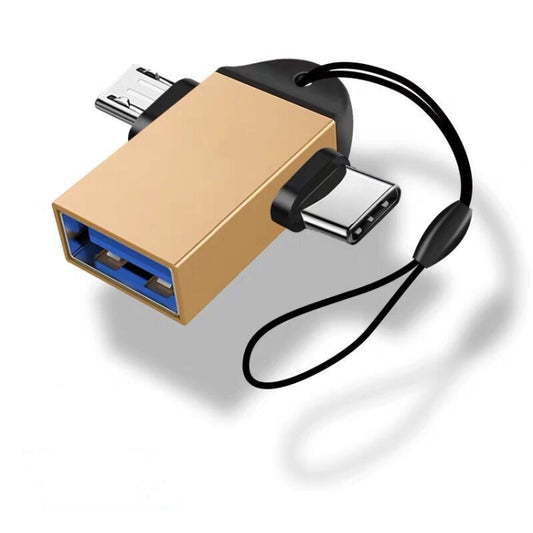 Gold USB OTG adapter with black lanyard and dual connector ends for Type-C and Micro USB