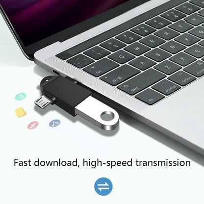 Black USB OTG adapter with lanyard plugged into a laptop with USB and Type-C connectors