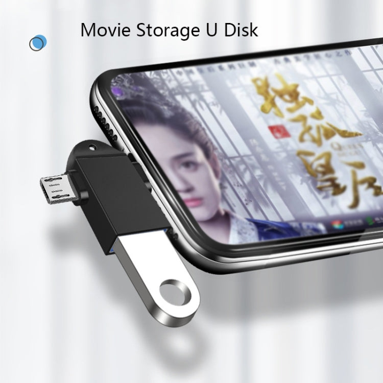 Black USB OTG adapter with lanyard attached to a smartphone data port